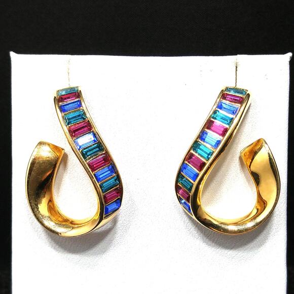 Vintage Swarovski Swan Logo Earrings, Gold Plated Rhinestone Hoop, 1990s Jewelry - Picture 8 of 10